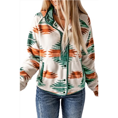 Multicolour Western Aztec Snap Buttoned Fleece Jacket