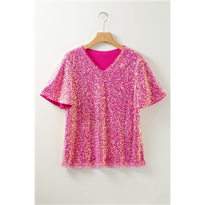 Bonbon  V Neck Wide Sleeve Sequin Top