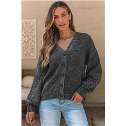 Gray Drop Shoulder Puff Sleeve Buttoned V Neck Cardigan