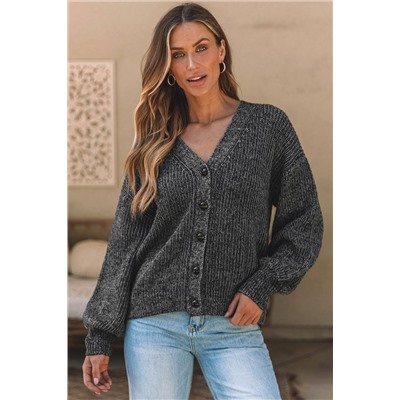 Gray Drop Shoulder Puff Sleeve Buttoned V Neck Cardigan