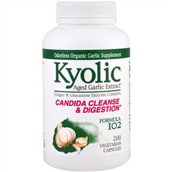 Kyolic, Aged Garlic Extract, выдержанный экстракт чеснока, для удаления дрожжевого грибка и улучшения пищеварения, формула 102, 200 вегетарианских капсул