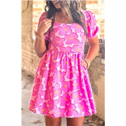 Rose Floral Print Square Neck Empire Waist Flowy Dress