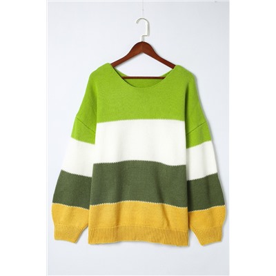 Green Plus Size Color Block Patchwork Sweater