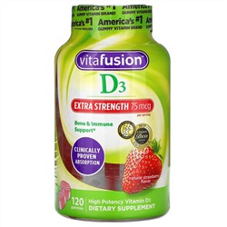 VitaFusion, Витамин D3 повышенной силы действия, поддержка костей и иммунитета, натуральный клубничный вкус, 75 мкг, 120 жевательных мармеладок