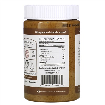 Spread The Love, Almond Butter, Unsalted, 16 oz ( 454 g)