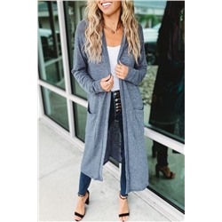 Blue Slub Knit Pocketed Open Front Maxi Cardigan