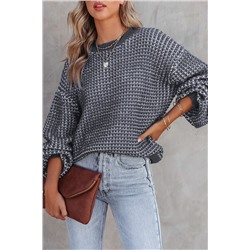 Gray Heathered Knit Drop Shoulder Puff Sleeve Sweater