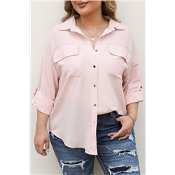 Pink Flap Pocket Tab Sleeve Button-Down Plus Size Shirt