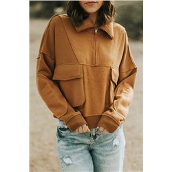 Brown Zip Collared Big Flap Pocket Exposed Seam Sweatshirt