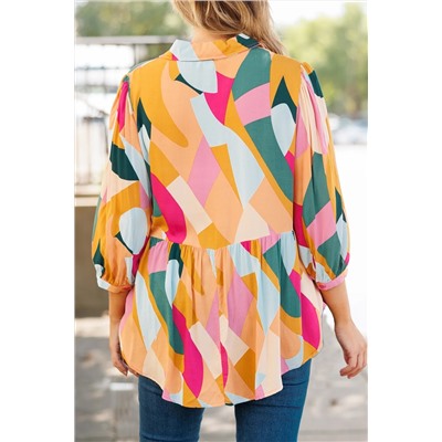 Multicolor Geometric Print Bracelet Sleeve Henley Blouse