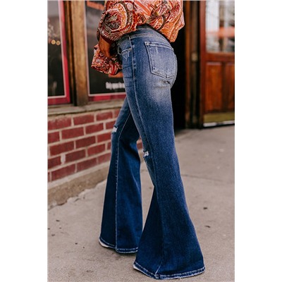 Sky Blue Button Fly Ripped High Waist Flare Jeans