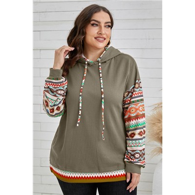 Jungle Green Aztec Patchwork Sleeve Waffle Drawstring Plus Hoodie