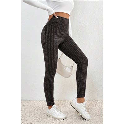 Dark Grey Wide Waistband Ribbed Textured Knit Leggings