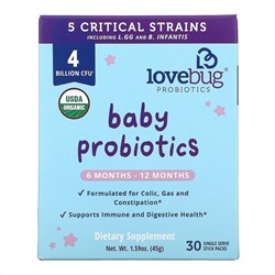 LoveBug Probiotics, Tiny Tummies, пробиотики и пребиотики для детей для ежедневного приема, от 6 до 12 месяцев, 4 миллиарда КОЕ, 30 отдельных порционных стиков по 1,5 г (0,05 унции)