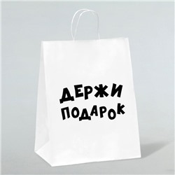 Пакет подарочный с приколами, крафт «Держи подарок», белый, 24 х 10,5 х 32 см