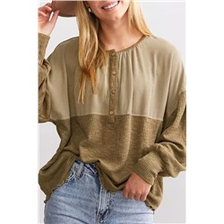 Khaki Ribbed Patchwork Drop Shoulder Buttoned Neckline Blouse