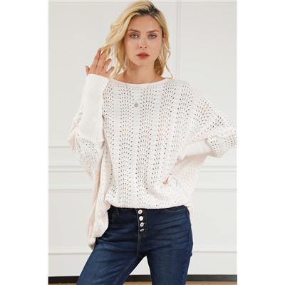 Beige Ribbed Hollow Knit Dolman Sleeve Sweater