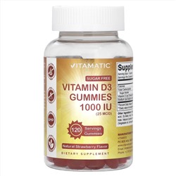 Vitamatic, Жевательные мармеладки с витамином D3, натуральная клубника, 1000 МЕ (25 мкг), 120 жевательных таблеток