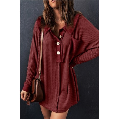 Red Waffle Knit Buttoned Long Sleeve Top