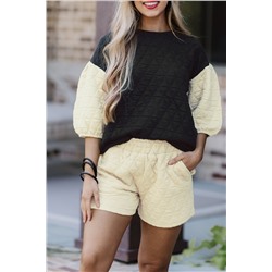 Black Color Block Quilted 3/4 Sleeve Top and Shorts Set