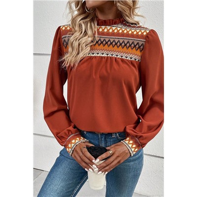Red Clay Western Geometric Print Bubble Sleeve Frilled Neck Blouse