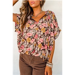 Pink Floral Print Bubble Hem Split Neck Blouse