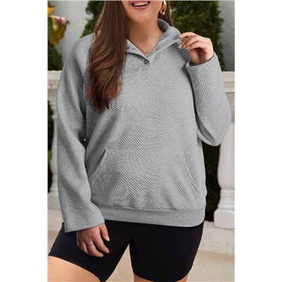 Light Grey Textured Snap Buttons Pullover Plus Size Sweatshirt