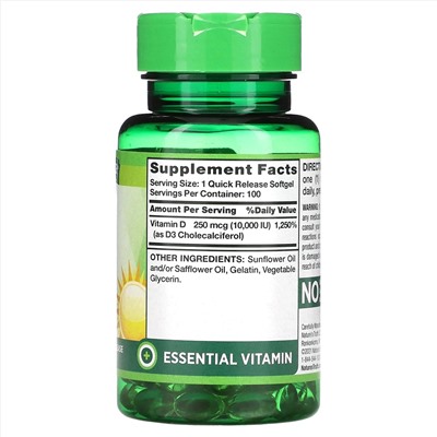 Vitamin D3, High Potency, 250 mcg (10,000 IU), 100 Quick Release Softgels