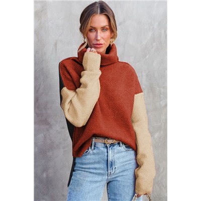 Clay Red Color Block Turtle Neck Drop Shoulder Knit Sweater