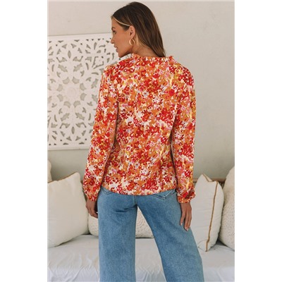 Grapefruit Orange Frilled Split Neck Bubble Sleeve Floral Blouse