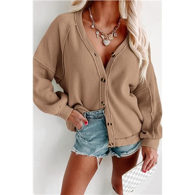 Khaki Exposed Seam Buttons Front Waffle Knit Cardigan