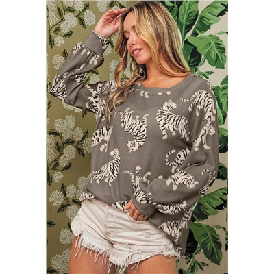Simply Taupe Lively Tiger Print Casual Sweatshirt