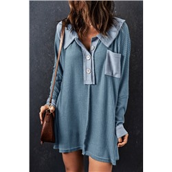 Sky Blue Waffle Knit Buttoned Long Sleeve Top