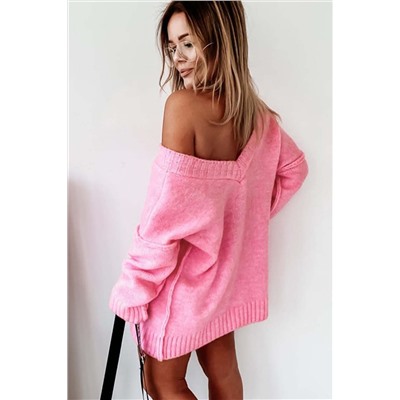 Pink Exposed Seam V Neck Slouchy Sweater
