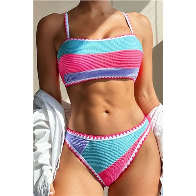 Strawberry Pink Textured Color Block Padded Two Piece Bikini Set