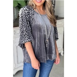 Medium Grey Leopard Splicing Lantern Sleeve Velvet Blouse