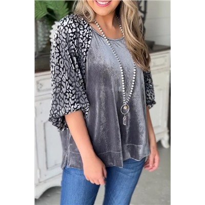 Medium Grey Leopard Splicing Lantern Sleeve Velvet Blouse