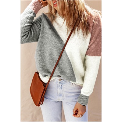 Gray Colorblock Ribbed Trim Round Neck Sweater