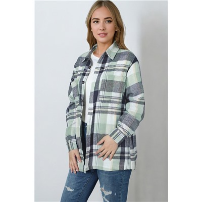 Green Printed Plus Size Chest Pocket Plaid Shirt