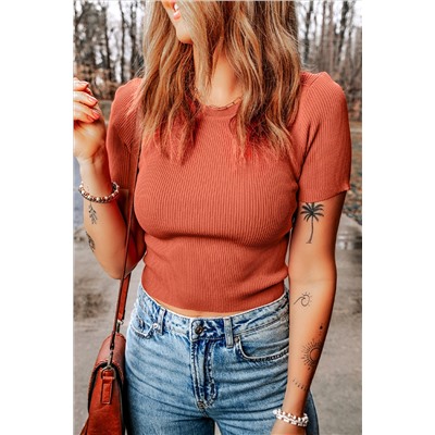 Tomato Red Ribbed Knit Crewneck Crop Sheath Sweater T Shirt