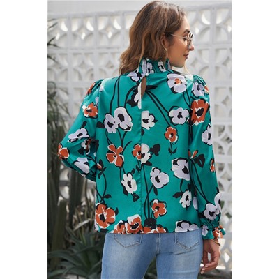 Floral Print Smocked Mock Neck Blouse