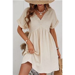 Beige Folded Short Sleeve Lace V Neck Mini Dress