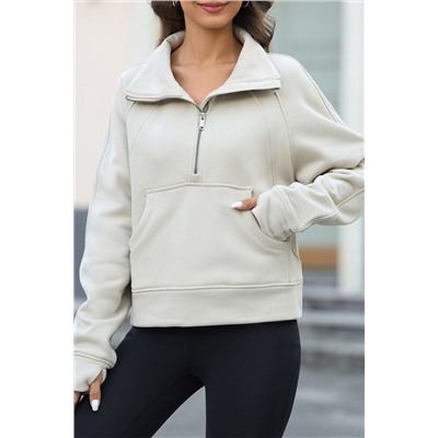 Apricot Half Zipper Kangaroo Pocket Sweatshirt