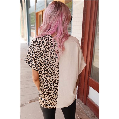 Khaki Contrast Leopard Color Block Blouse