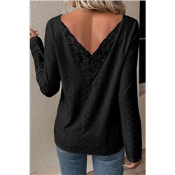 Black Floral Lace Splicing Eyelet Long Sleeve Top