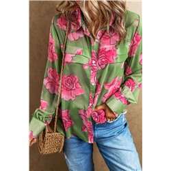 Green Floral Print Pleated Detail Puff Sleeve Shirt