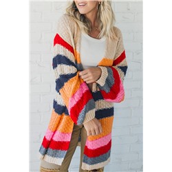 Stripes Knitted Balloon Sleeve Open Cardigan