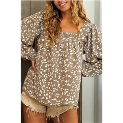 Leopard Square Neck Puff Sleeve Blouse