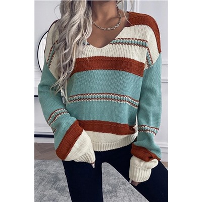 Sky Blue Striped Pattern Knit V Neck Sweater