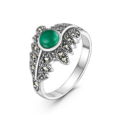 Кольцо из чернёного серебра с зелёным агатом и марказитами